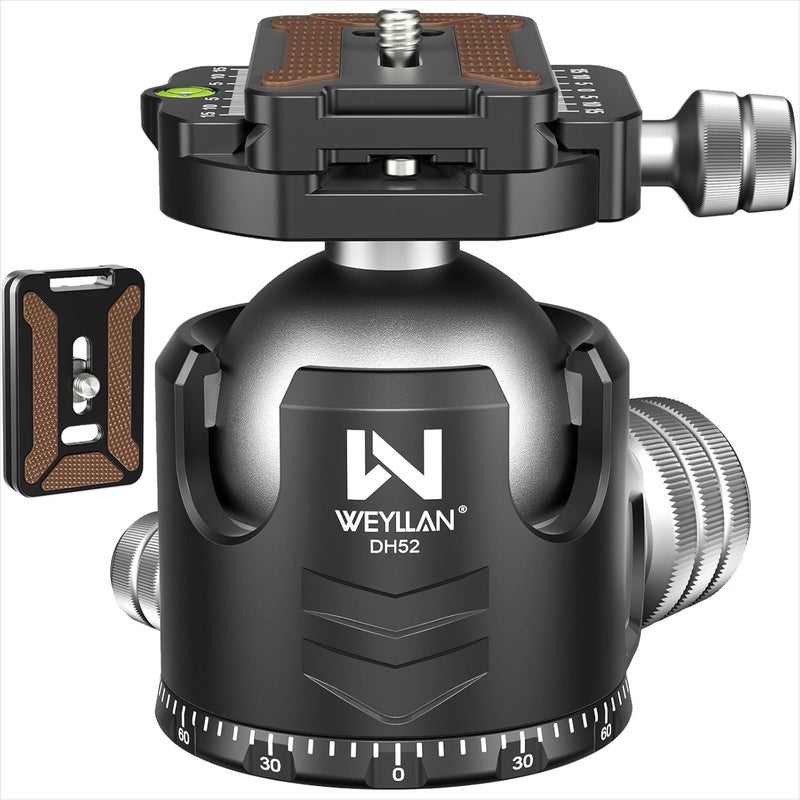 WEYLLAN Low Profile Ball Head 52mm Tripod Head DH52 Camera Head Mount, CNC Heavy Duty Ball Head with Two 1/4" Quick Release Plates, Panoramic Ballhead for Tripod, Monopod, DSLR, Max Load 66lbs /30kg - Image 1